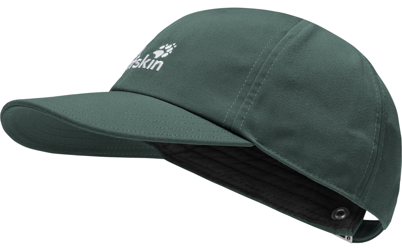 Dunkelgrüne Baseballkappe mit gebogenem Schirm, sichtbarem weißen Logo vorne, schwarzem Innenfutter und Metallöse am hinteren Rand