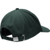 Dunkelgrüne Baseballkappe von hinten, gebogener Schirm, sechs Teilungsnähte, Stoffknopf oben, verstellbarer Riemen mit Metallverschluss