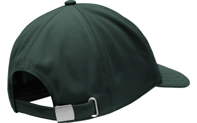 Dunkelgrüne Baseballkappe von hinten, gebogener Schirm, sechs Teilungsnähte, Stoffknopf oben, verstellbarer Riemen mit Metallverschluss