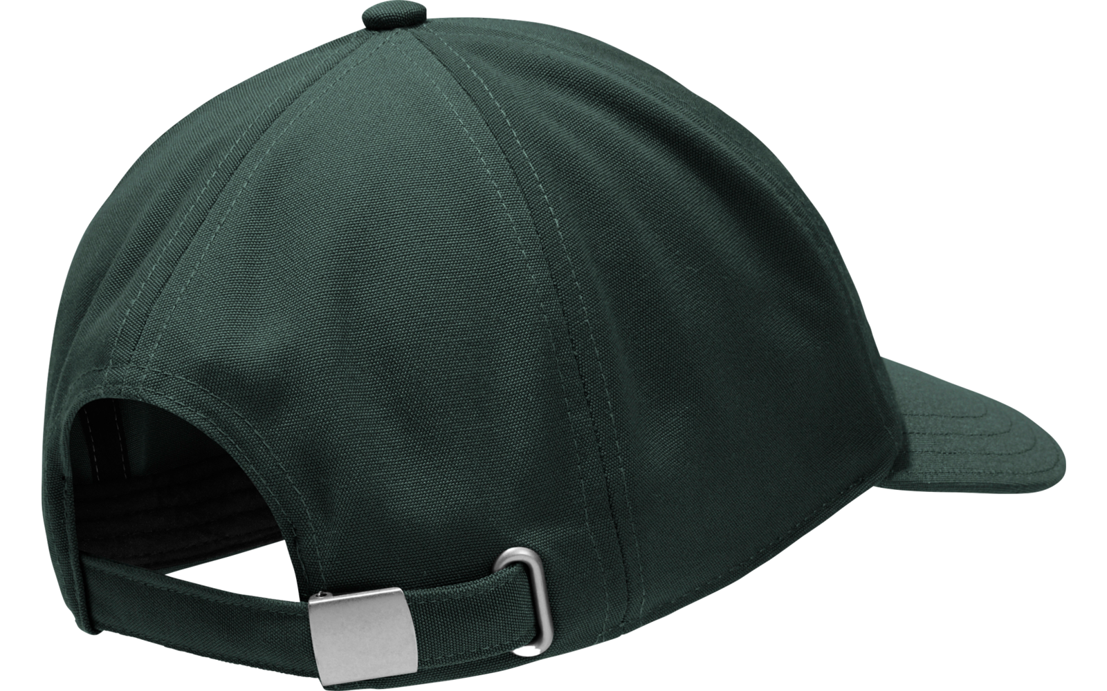 Dunkelgrüne Baseballkappe von hinten, gebogener Schirm, sechs Teilungsnähte, Stoffknopf oben, verstellbarer Riemen mit Metallverschluss
