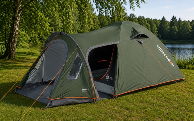Groene tent met open ingang op gras, bomen en een meer op de achtergrond