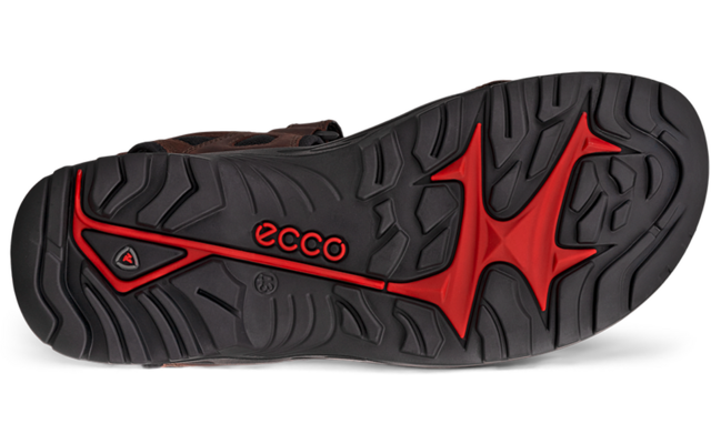 Semelle inférieure de chaussure noire vue de dessous avec inserts rouges et motif de crampons, inscription "ecco" visible