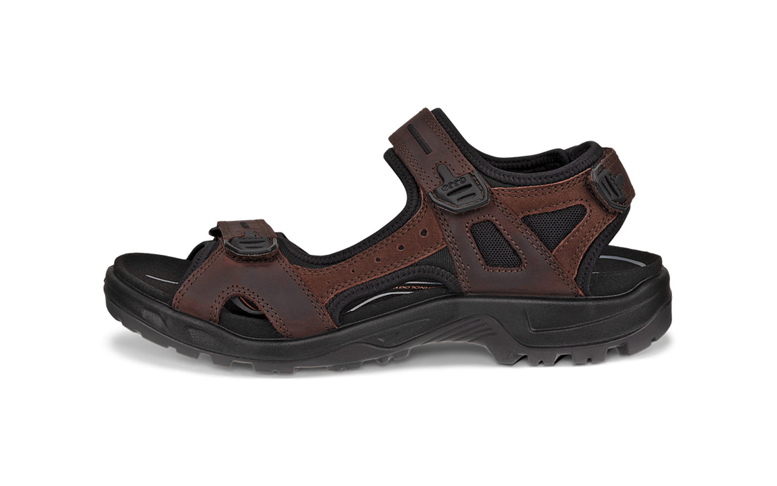 Sandale en cuir marron avec semelle noire et trois brides à fermeture auto-agrippante, vue de côté