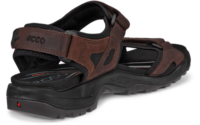 Sandale brune à deux brides, semelle noire crantée et logo 'ecco' visible, vue latérale/arrière