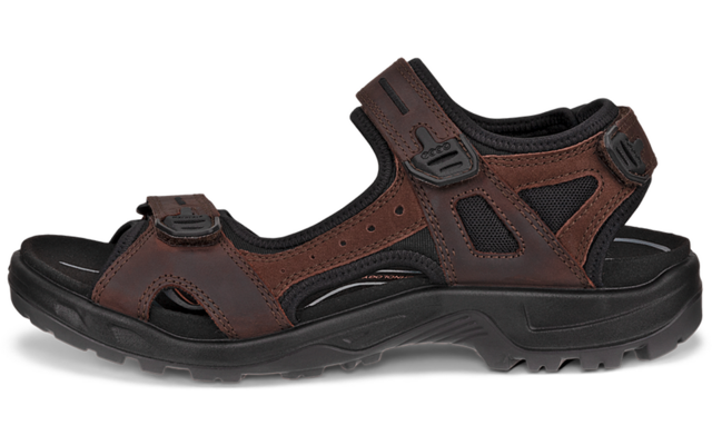 Sandale en cuir marron avec semelle noire et trois brides à fermeture auto-agrippante, vue de côté