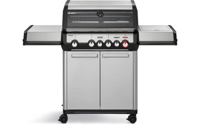 Silberner Grillwagen mit geschlossenem Deckel und Sichtfenster, fünf Drehknöpfe, zwei Seitentische, Doppeltür-Unterschrank und Rollen