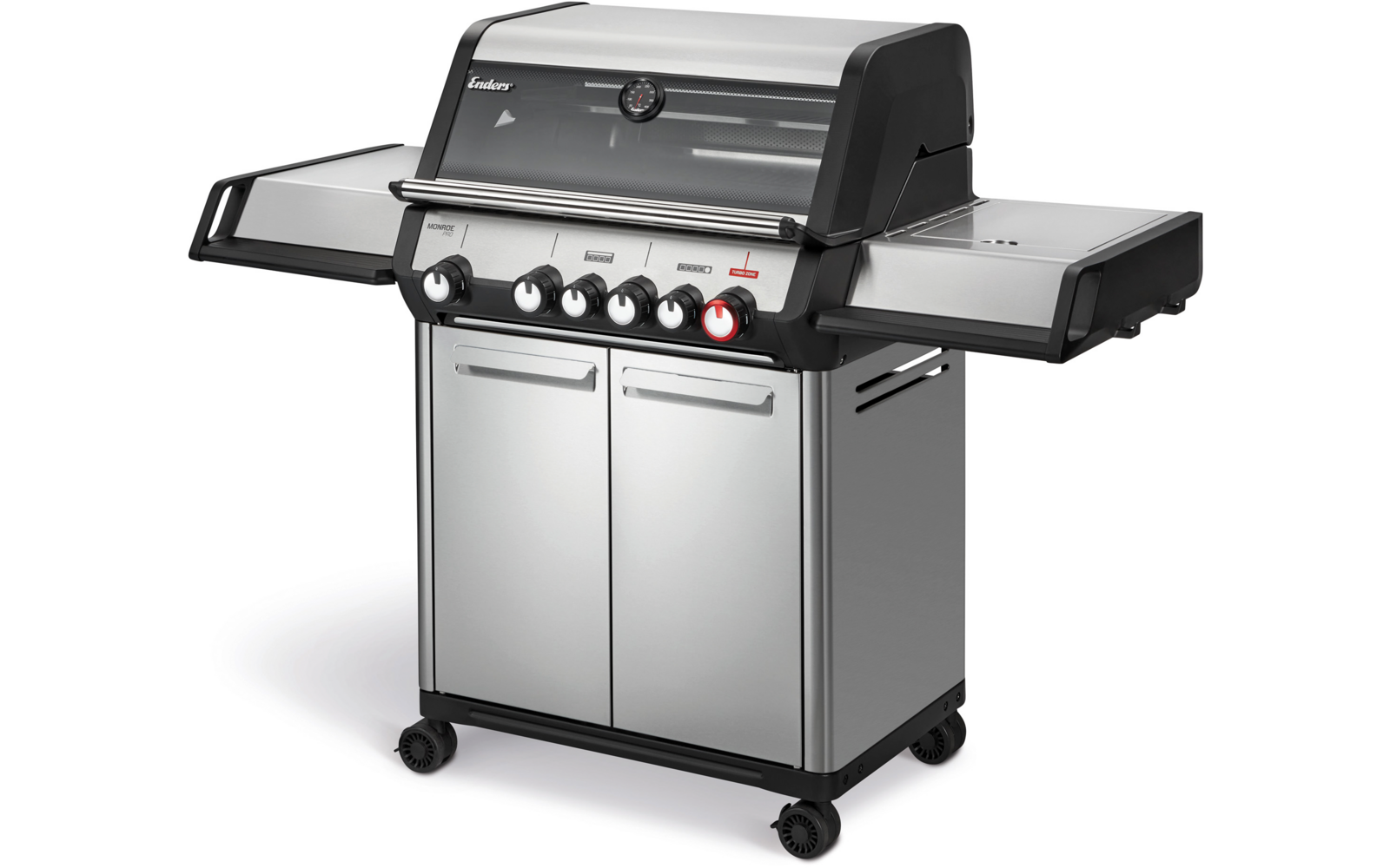 Edelstahl-Gasgrill mit geschlossenem Deckel, fünf Bedienknöpfen, zwei Seitentischen, Unterschrank und Rollen