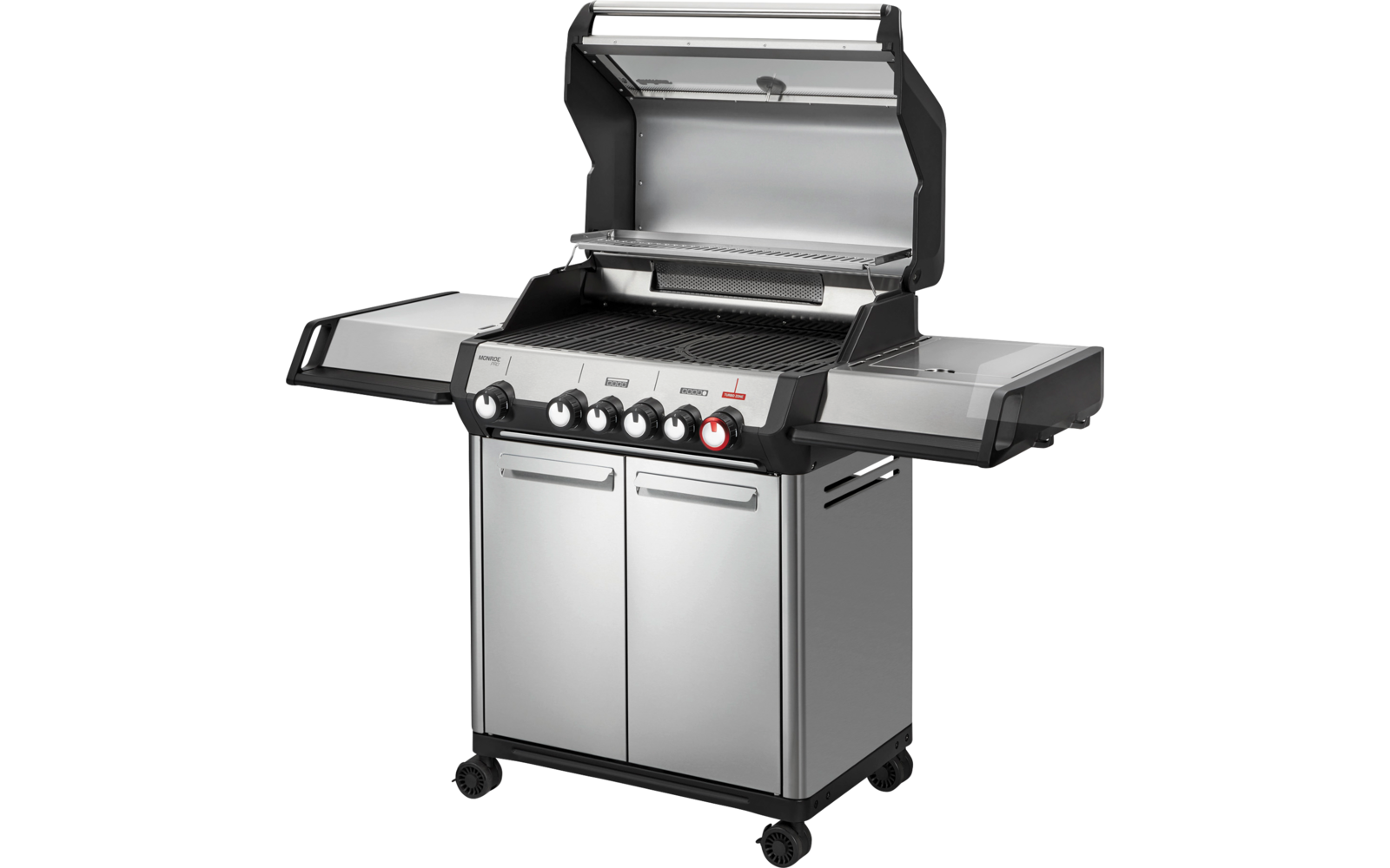 Edelstahl-Freistehgrill mit offener Haube, vier Bedienknöpfen, zwei Seitentischen, Unterschrank mit Doppeltüren und Rollen