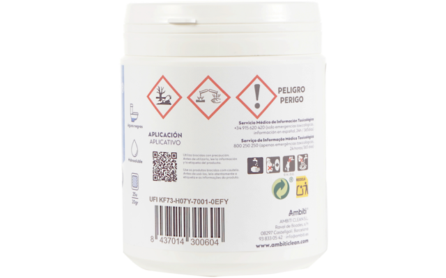 Parte trasera de un envase de plástico blanco con tres rombos rojos con símbolos (árbol y pez muertos; mano con líquido; signo de exclamación), el texto 'PELIGRO PERIGO', un código de barras, pequeños iconos y bloques de texto
