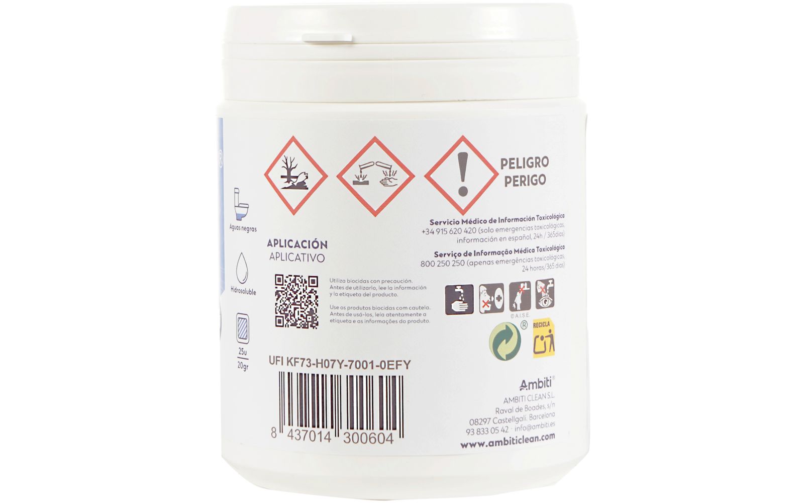 Parte trasera de un envase de plástico blanco con tres rombos rojos con símbolos (árbol y pez muertos; mano con líquido; signo de exclamación), el texto 'PELIGRO PERIGO', un código de barras, pequeños iconos y bloques de texto