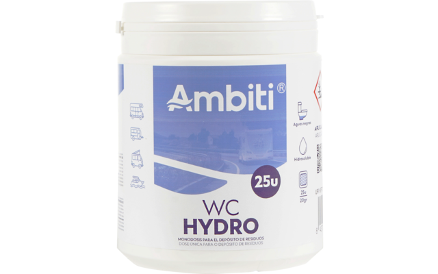 Envase de plástico blanco con etiqueta azul y blanca con las palabras 'Ambiti', 'WC HYDRO' y '25u'