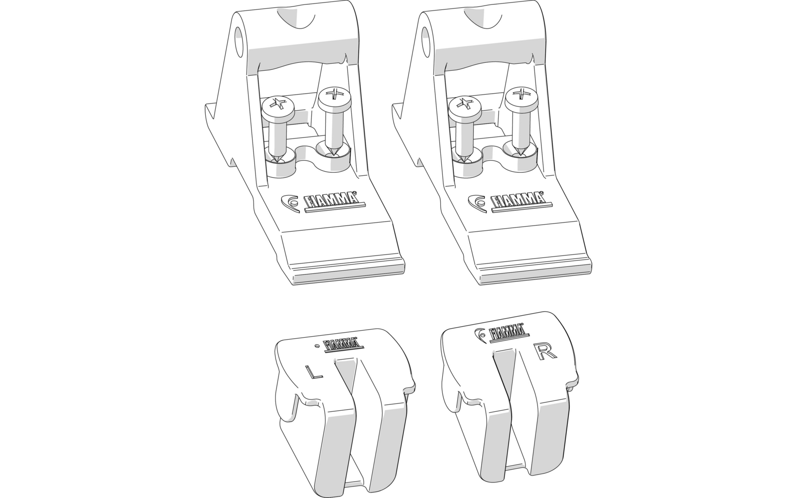 Zwei identische weiße Kunststoffteile, jedes mit zwei sichtbaren Schrauben und einem kleinen aufgedruckten Logo, sowie zwei separate Abdeckkappen mit den Buchstaben 'L' und 'R'