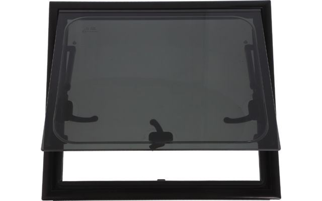 Schwarzer rechteckiger Rahmen mit geöffnetem, leicht getöntem Glas, zwei seitliche Griffe und ein zentraler Griff unten