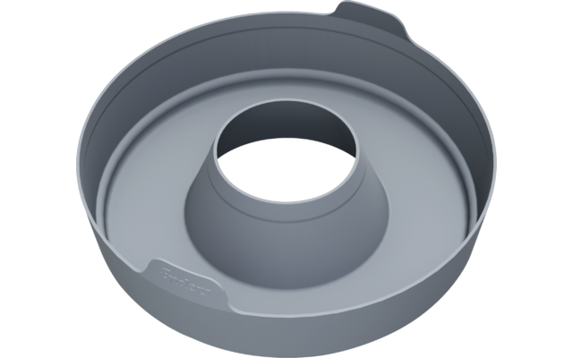 Graues rundes Objekt mit zentraler kegelförmiger Erhebung und rundem Loch, glatte Oberfläche, kleine Lasche am Rand
