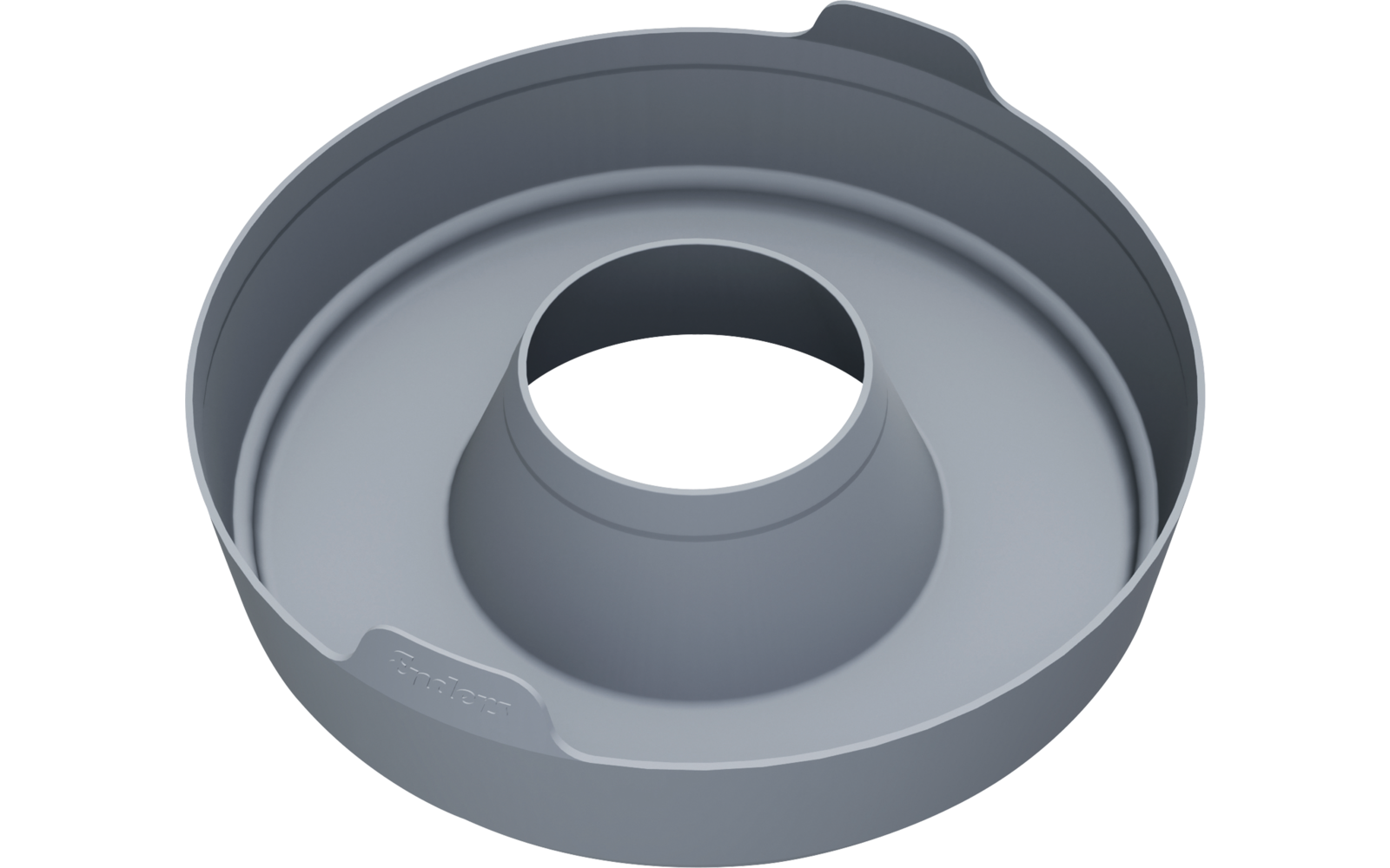 Graues rundes Objekt mit zentraler kegelförmiger Erhebung und rundem Loch, glatte Oberfläche, kleine Lasche am Rand