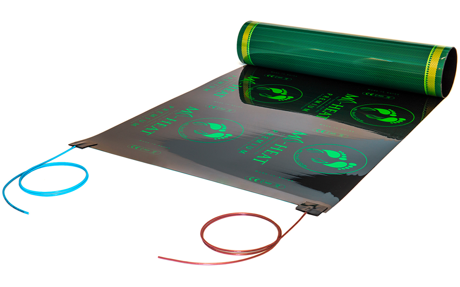 Teilweise aufgewickelter grüner Rollenkörper mit einem flach liegenden schwarzen Kunststoffband, bedruckt mit grünen kreisförmigen Symbolen und Text; an einer Kante zwei befestigte Kabel in Rot und Blau; weißer Hintergrund