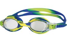Schwimmbrille mit blau-grünen Rahmen und transparenten Gläsern