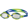 Schwimmbrille mit blau-grünen Rahmen und transparenten Gläsern