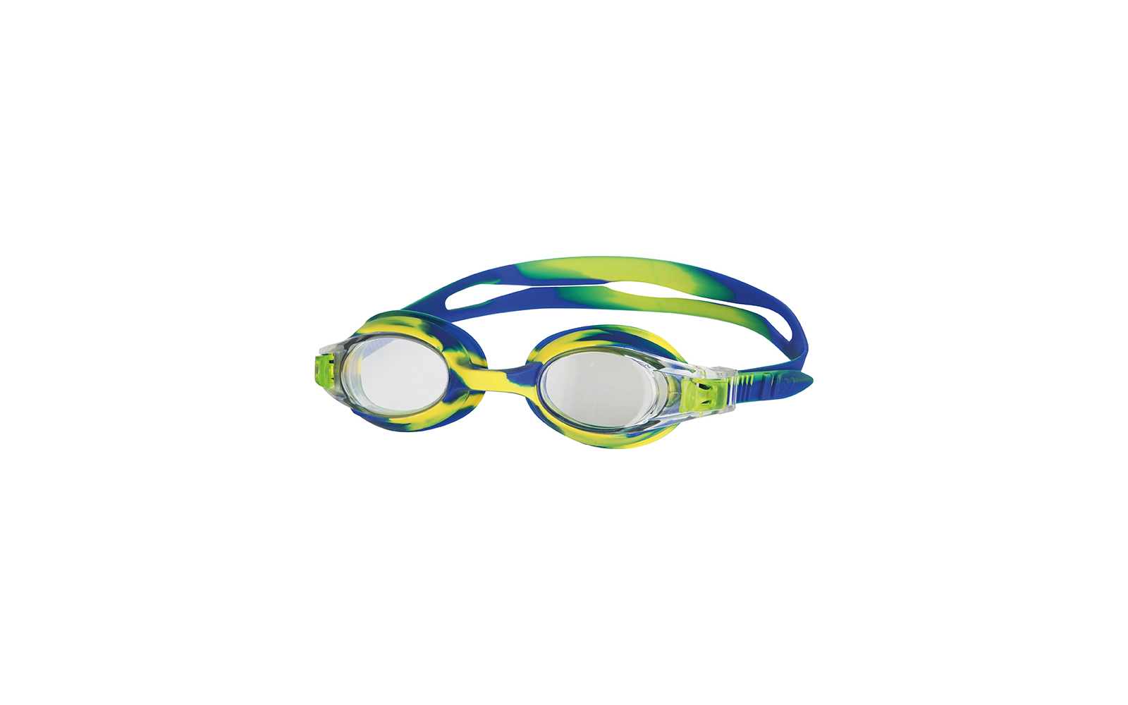 Schwimmbrille mit blau-grünen Rahmen und transparenten Gläsern