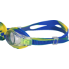 Blau-gelbe Schwimmbrille auf weißem Hintergrund