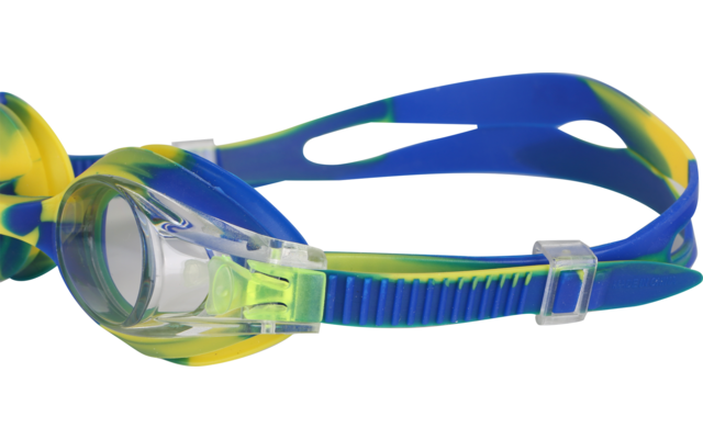 Blau-gelbe Schwimmbrille auf weißem Hintergrund