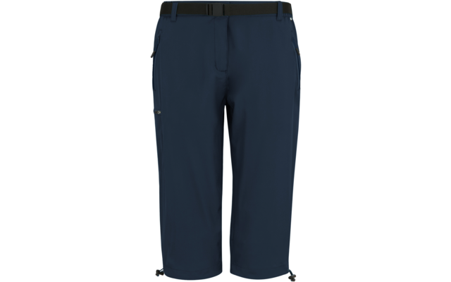 Dunkelblaue, knielange Hose mit schwarzem Gürtel, seitlichen Reißverschlusstaschen und Kordelzügen an den Beinabschlüssen