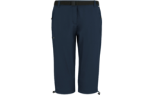 Dark blue knee-length pants with a black belt, zippered side pockets and drawcords at the leg hems