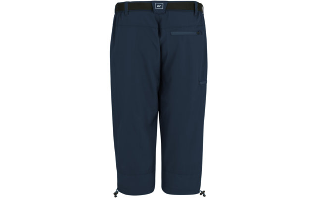 Dunkelblaue, knielange Hose von hinten mit breitem Bund und schwarzem Gürtel, Reißverschlusstasche rechts hinten, seitlicher Oberschenkeltasche rechts, Kordelzügen an den Saumabschlüssen und kleinem weißem Logo am hinteren Bund