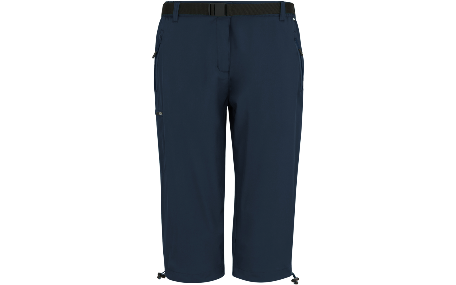 Dunkelblaue, knielange Hose mit schwarzem Gürtel, seitlichen Reißverschlusstaschen und Kordelzügen an den Beinabschlüssen