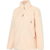 Licht perzikkleurige beige sherpa-fleecejas met opstaande kraag, doorlopende rits, ritssluiting op borstzak, twee zijzakken en lange mouwen tegen een witte achtergrond