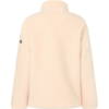 Achteraanzicht van een lichtroze fleece bovenstuk met opstaande kraag, lange mouwen en een klein zwart label op de linker mouw