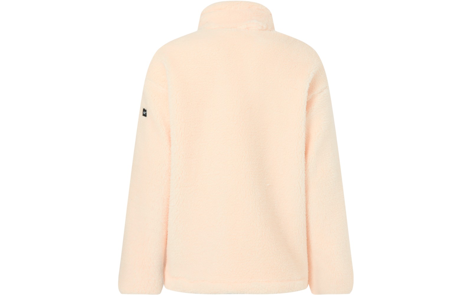 Achteraanzicht van een lichtroze fleece bovenstuk met opstaande kraag, lange mouwen en een klein zwart label op de linker mouw