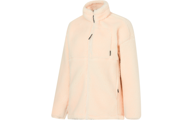 Licht perzikkleurige beige sherpa-fleecejas met opstaande kraag, doorlopende rits, ritssluiting op borstzak, twee zijzakken en lange mouwen tegen een witte achtergrond