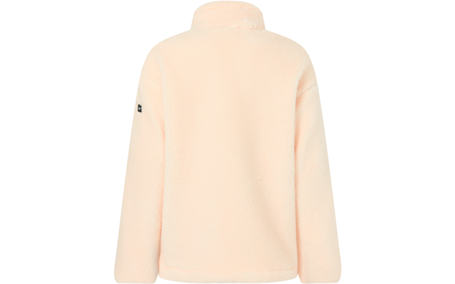 Achteraanzicht van een lichtroze fleece bovenstuk met opstaande kraag, lange mouwen en een klein zwart label op de linker mouw