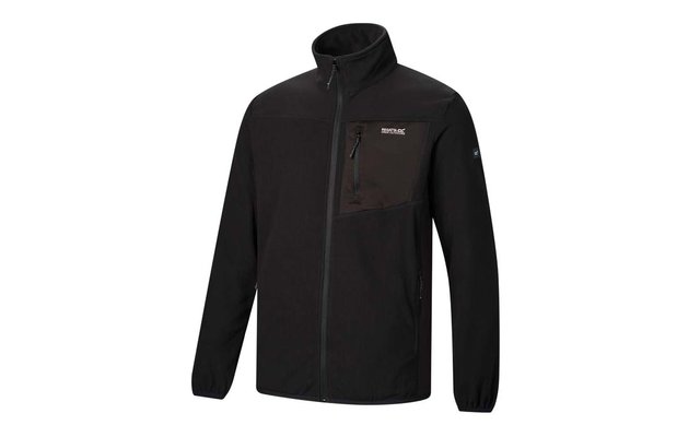 Zwarte jas op witte achtergrond, rits over de hele lengte, opstaande kraag, borstzak met rits links, twee zijzakken met rits, elastische manchetten, klein wit logo op borstzak en mouw