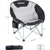 Chaise de camping pliable en noir et gris avec dimensions 86 cm de hauteur, 83 cm de largeur, 48 cm de hauteur d'assise, emballée dans un sac de transport