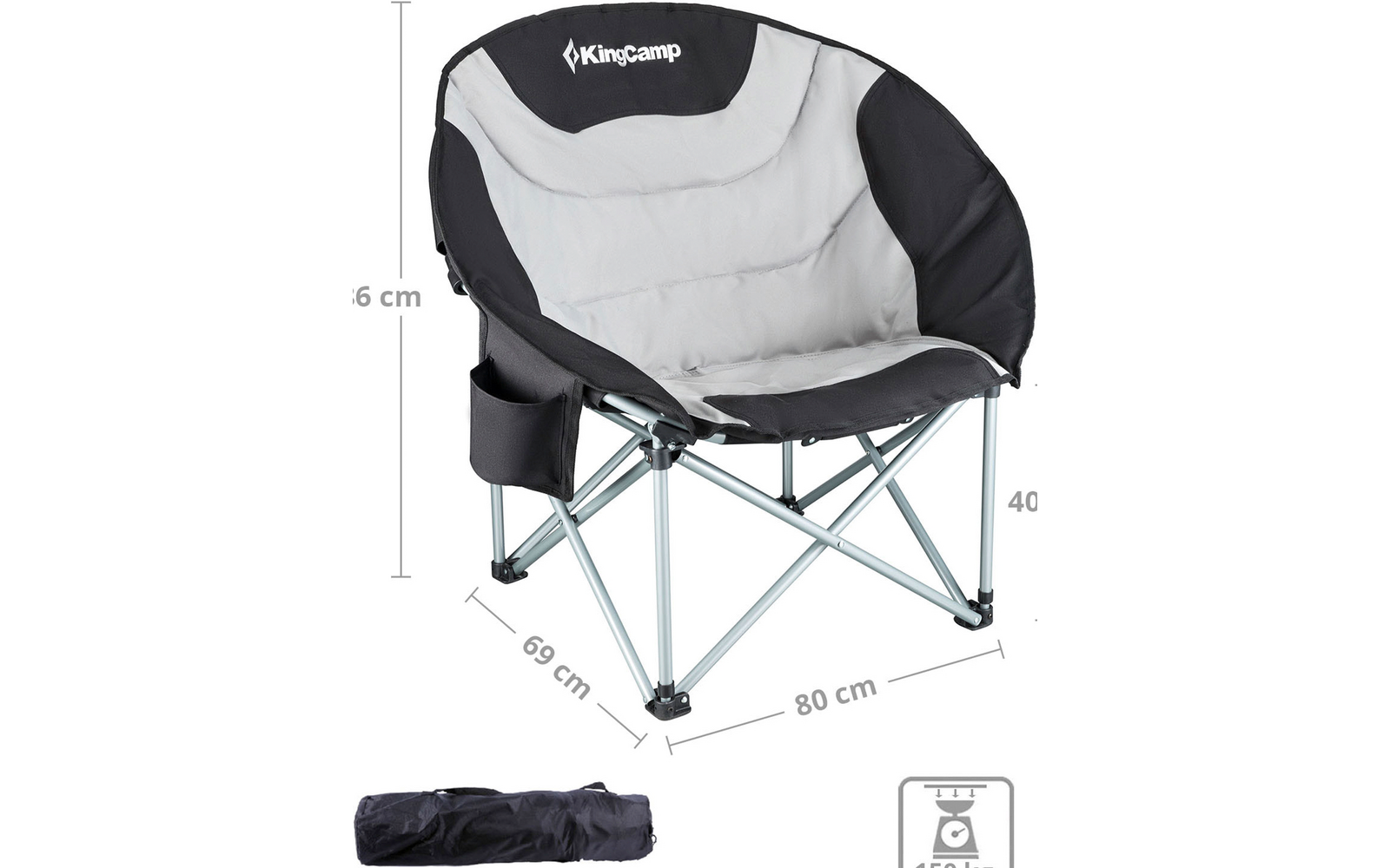 Chaise de camping pliable en noir et gris avec dimensions 86 cm de hauteur, 83 cm de largeur, 48 cm de hauteur d'assise, emballée dans un sac de transport