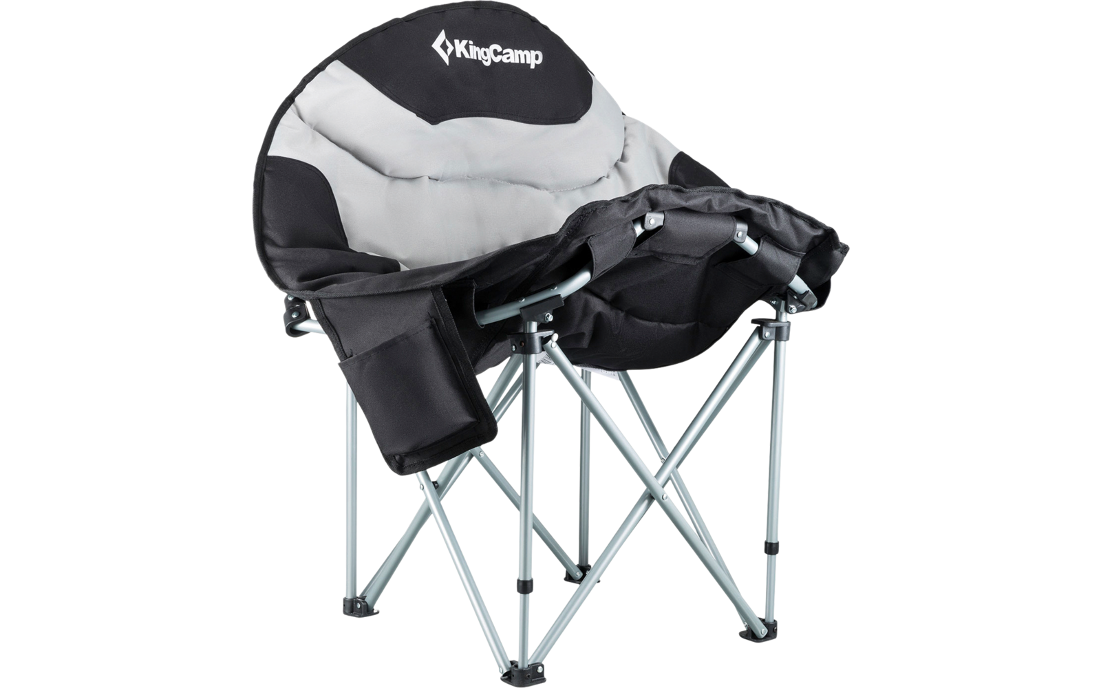 Chaise de camping pliante noire et grise avec accoudoirs et sac de transport