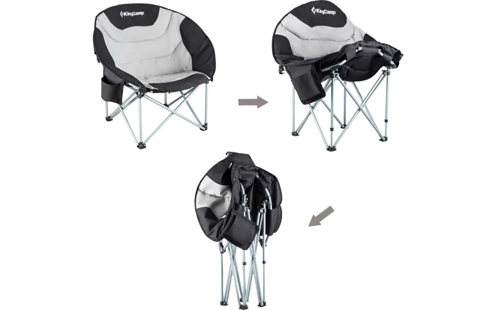 Chaise pliante en trois états : ouverte, partiellement pliée et complètement pliée