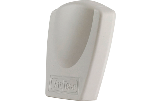 Boîtier plastique blanc-gris rectangulaire à sommet arrondi, cavité ovale et texte embossé "VanTecc"