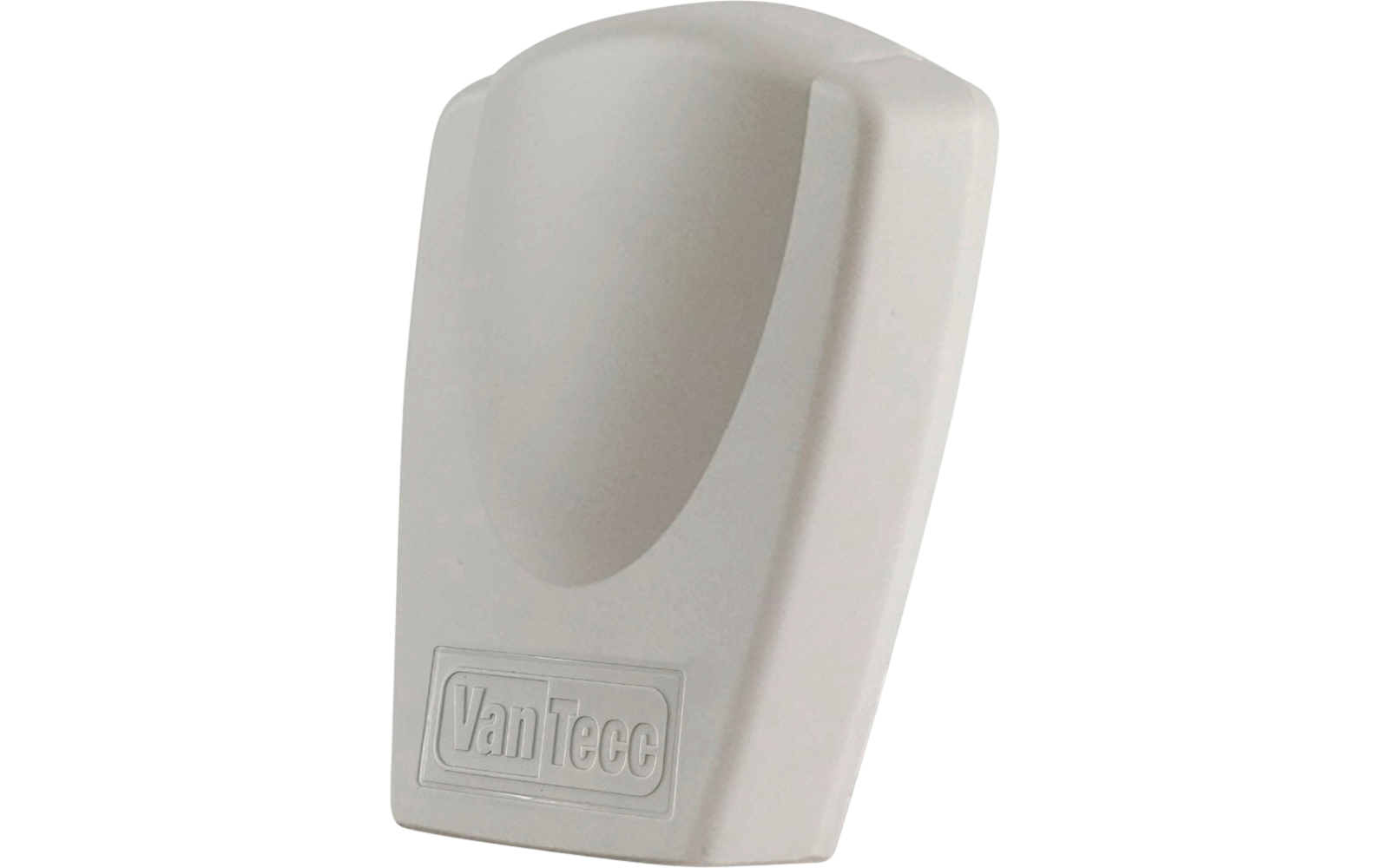 Boîtier plastique blanc-gris rectangulaire à sommet arrondi, cavité ovale et texte embossé "VanTecc"