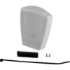 Boîtier en plastique gris clair aux bords arrondis avec la mention VanTecc, une bande de mousse noire, deux petites vis métalliques et deux colliers de serrage noirs sur fond blanc