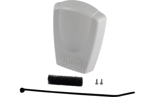 Boîtier en plastique gris clair aux bords arrondis avec la mention VanTecc, une bande de mousse noire, deux petites vis métalliques et deux colliers de serrage noirs sur fond blanc