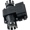 Composant en plastique noir avec le logo "Van Tecc" en relief, raccords cylindriques, colliers métalliques et quatre vis visibles sur fond clair