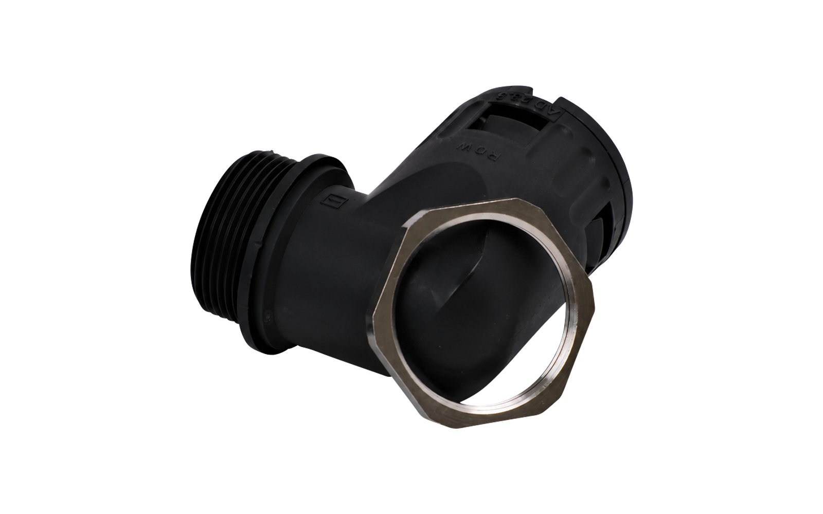 Pièce en plastique noire avec une extrémité cylindrique rainurée et un écrou métallique hexagonal visible, posée sur un fond clair
