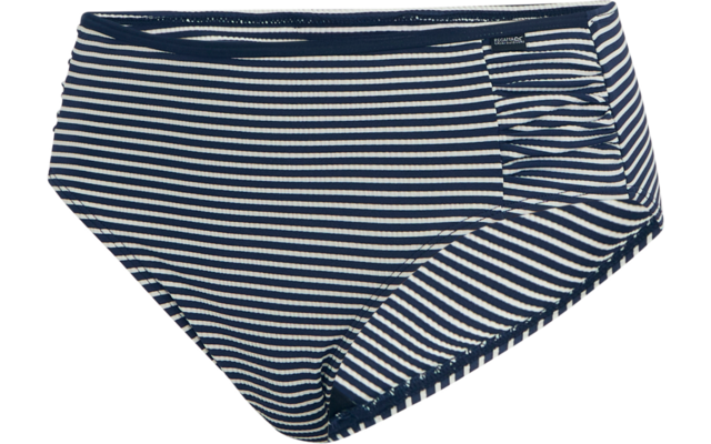 Hoch geschnittene Bikinihose mit dunkelblauen und weißen horizontalen Streifen und seitlicher Raffung rechts