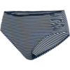 Hoch geschnittene Bikinihose mit dunkelblauen und weißen horizontalen Streifen und seitlicher Raffung rechts