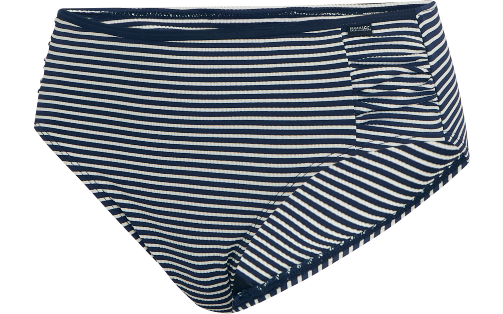 Hoch geschnittene Bikinihose mit dunkelblauen und weißen horizontalen Streifen und seitlicher Raffung rechts