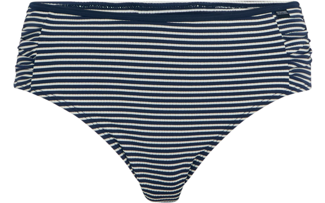 Dunkelblau-weiß gestreifte Bikinihose mit seitlicher Raffung