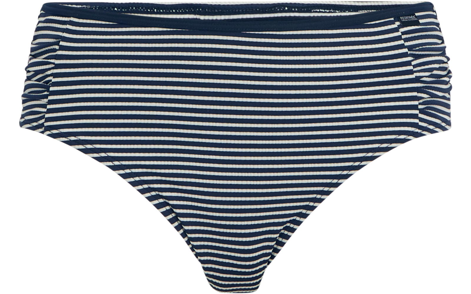 Dunkelblau-weiß gestreifte Bikinihose mit seitlicher Raffung
